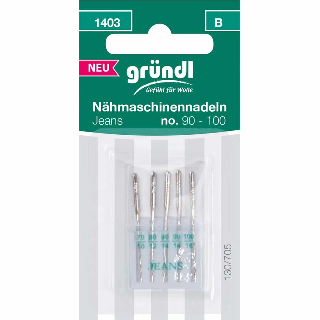 Gründl Nähmaschinennadeln Jeans, 5 Stück, No. 90 – 100